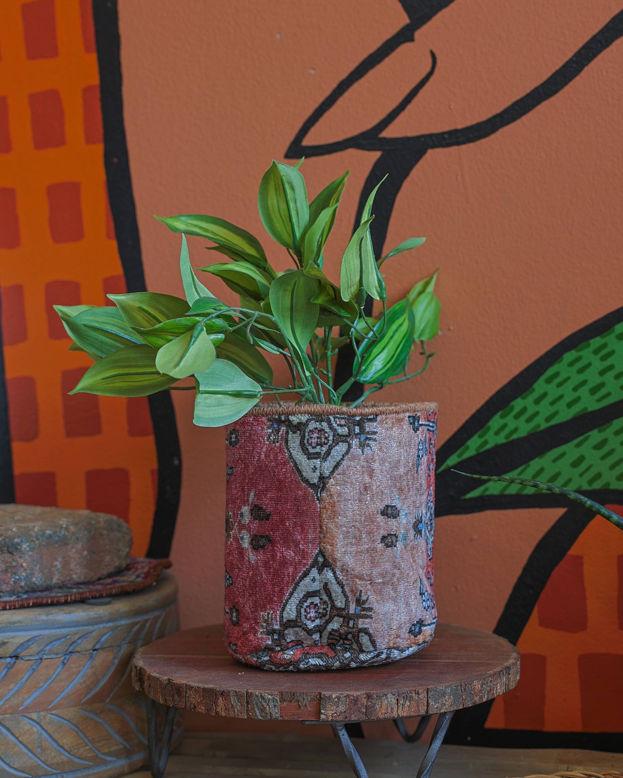Vintage Rug Pattern Storage and Plant Basket