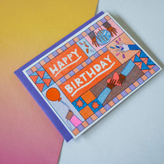 Happy Birthday quilt hands - Risograph Greeting Card
