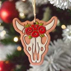 Little Clay Hen - Ornament - Cow Skull with Roses