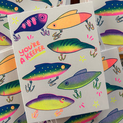 You're a Keeper (Fishing Lures) - Risograph Greeting Card 