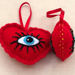Evil Eye Puff Heart Ornament,  Peru