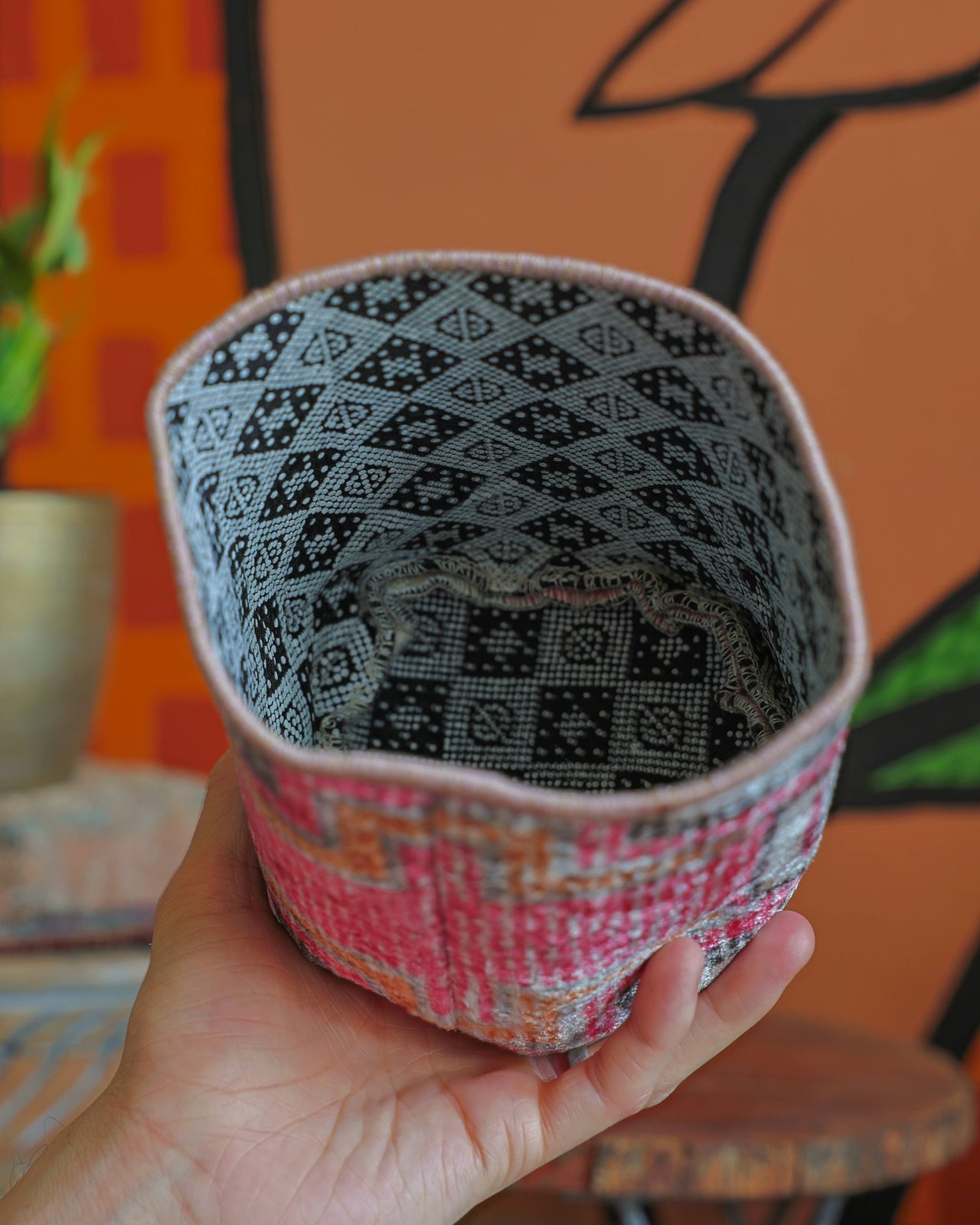 Vintage Rug Pattern Storage and Plant Basket