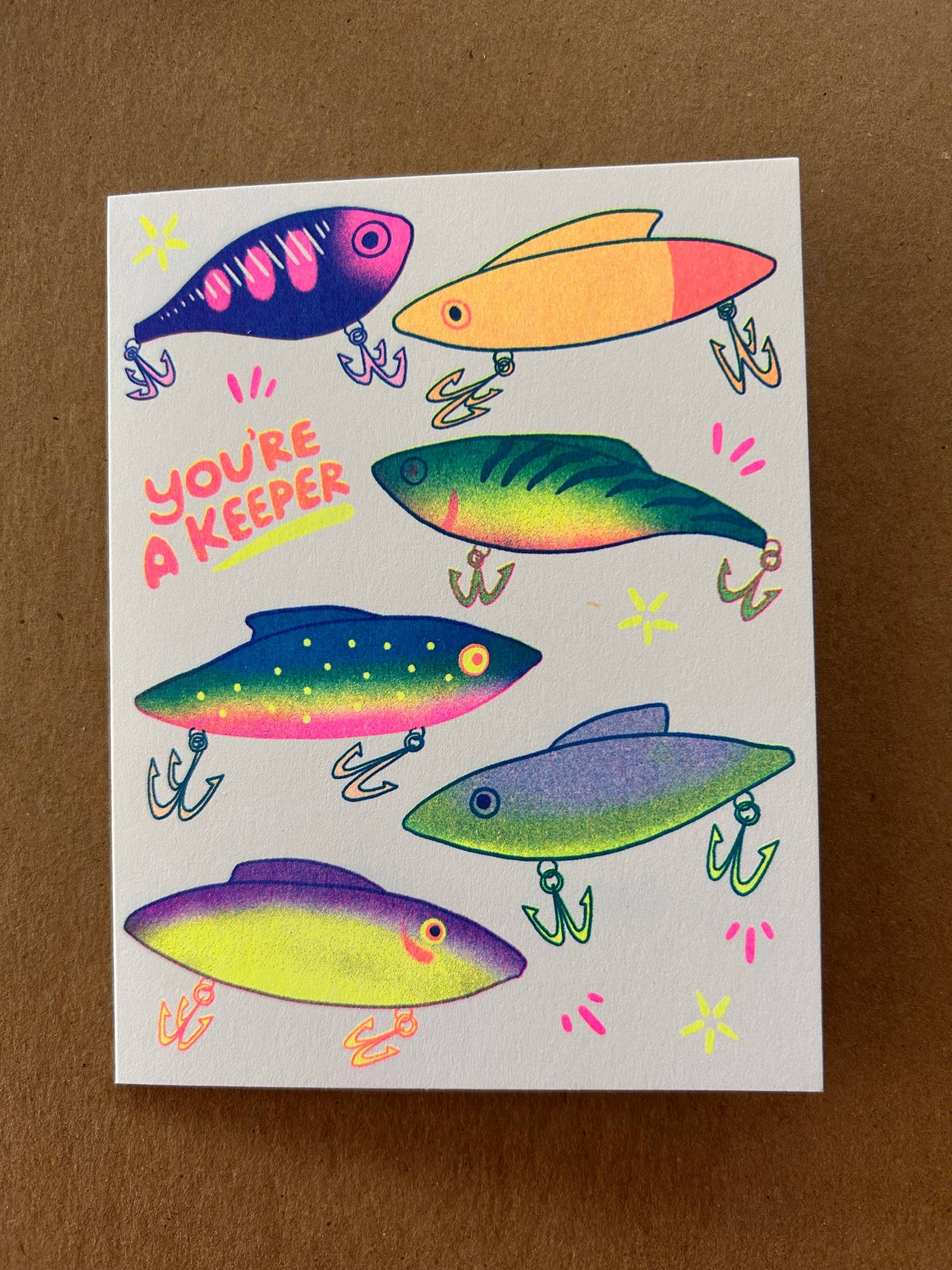You're a Keeper (Fishing Lures) - Risograph Greeting Card 