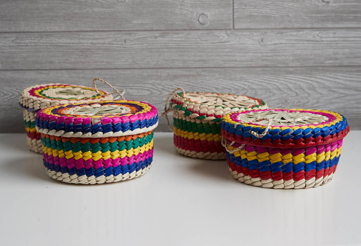 Mexican Woven Palm Tortilla Basket: Multi-Colored