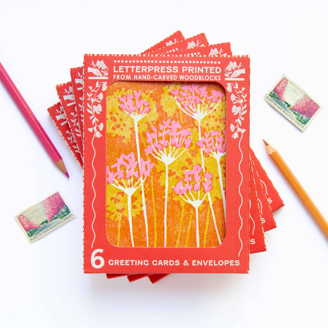 Pink and Gold Floral Letterpress Card- Boxed Set of Six