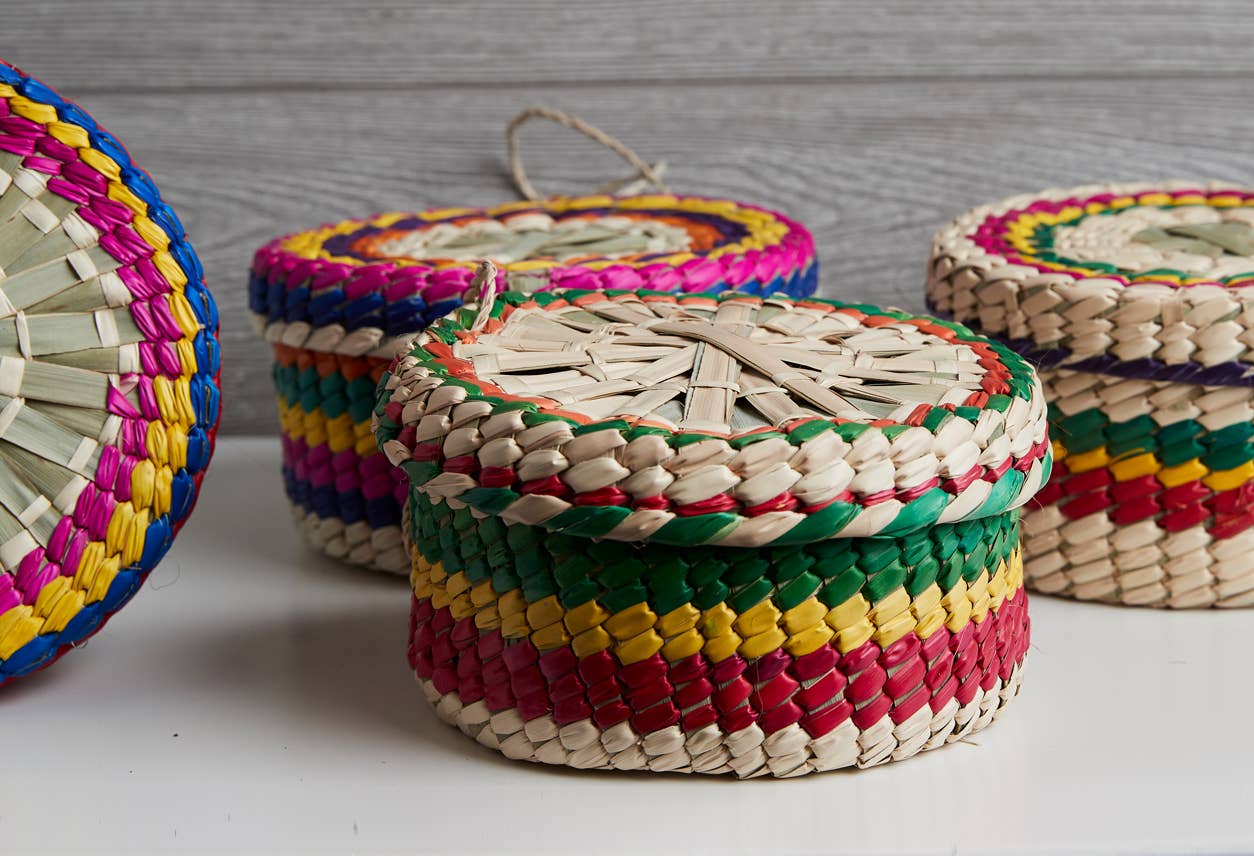 Mexican Woven Palm Tortilla Basket: Multi-Colored
