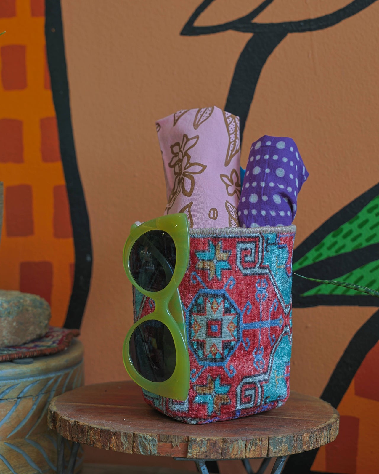 Vintage Rug Pattern Storage and Plant Basket