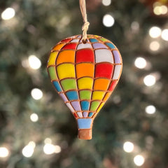Little Clay Hen - Ornament - Quilted Rainbow Hot Air Balloon