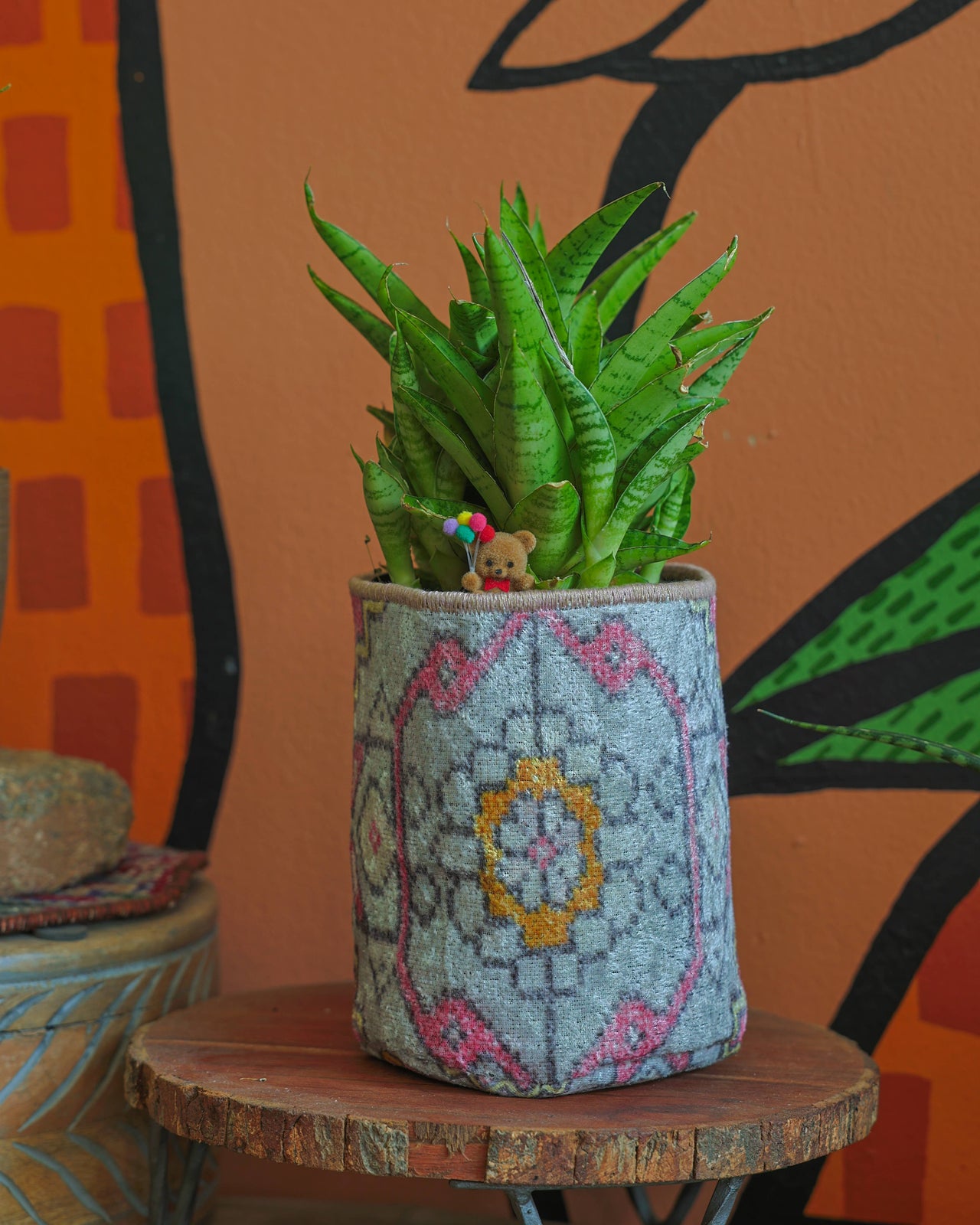 Vintage Rug Pattern Storage and Plant Basket