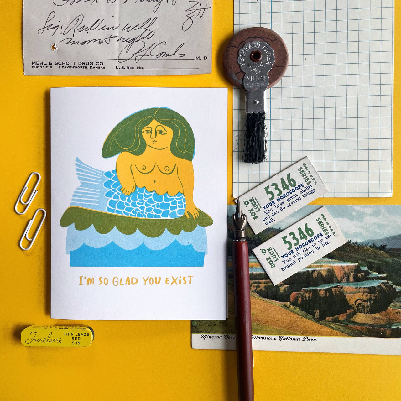 Glad you Exist Mermaid - Cute Risograph Greeting Card