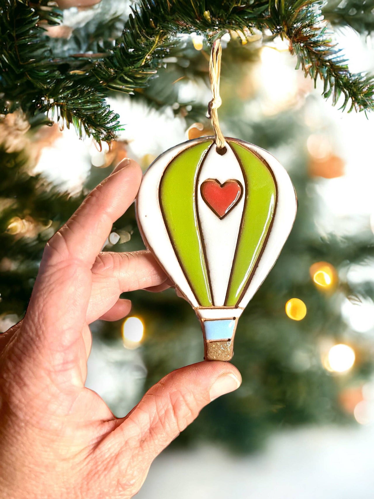 Hearts & Stripes Hot Air Balloon Artisanally Crafted Ornament: Green