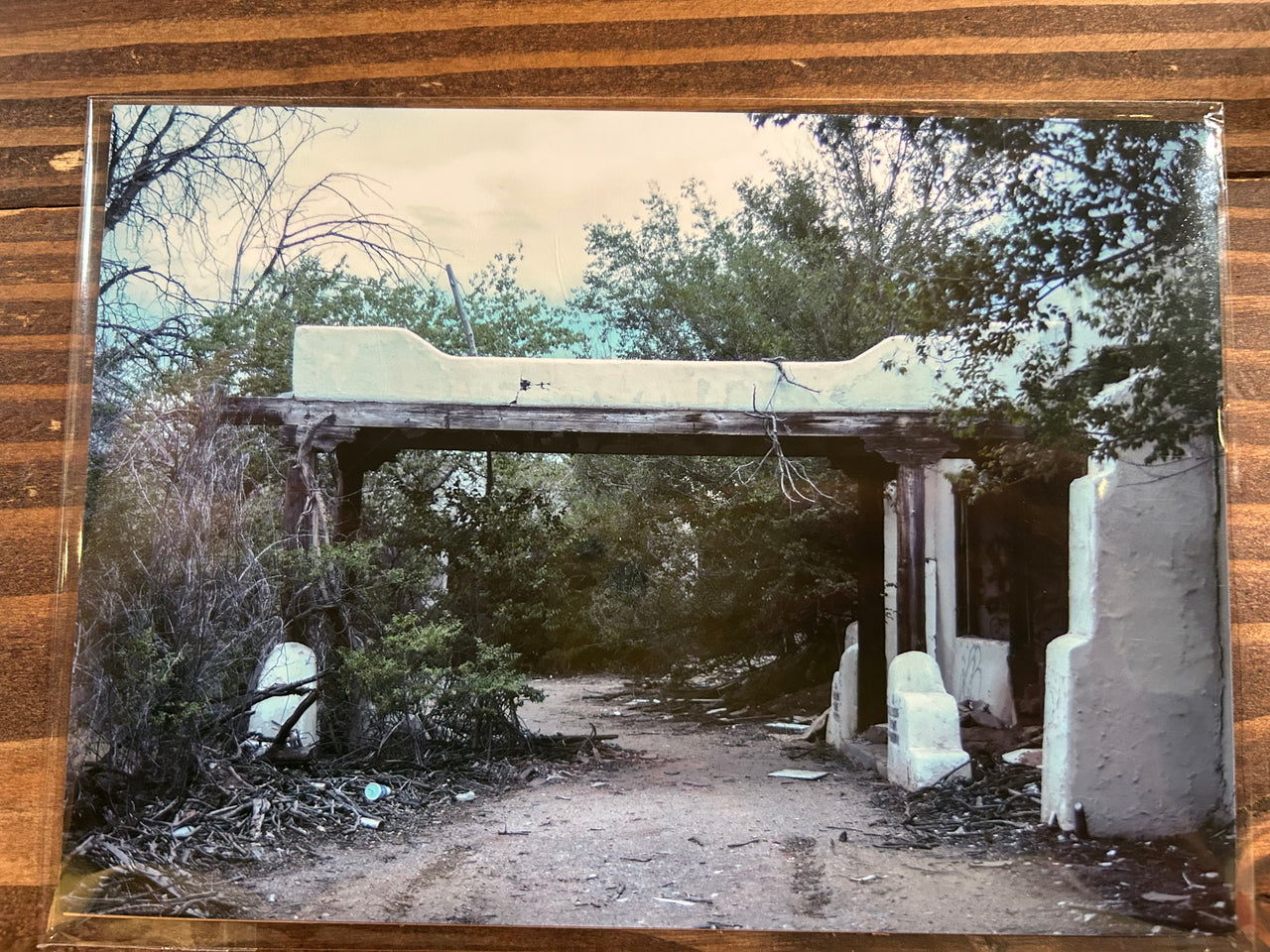Abandoned structure with overgrown vegetation on a dirt path, framed in wooden border.
