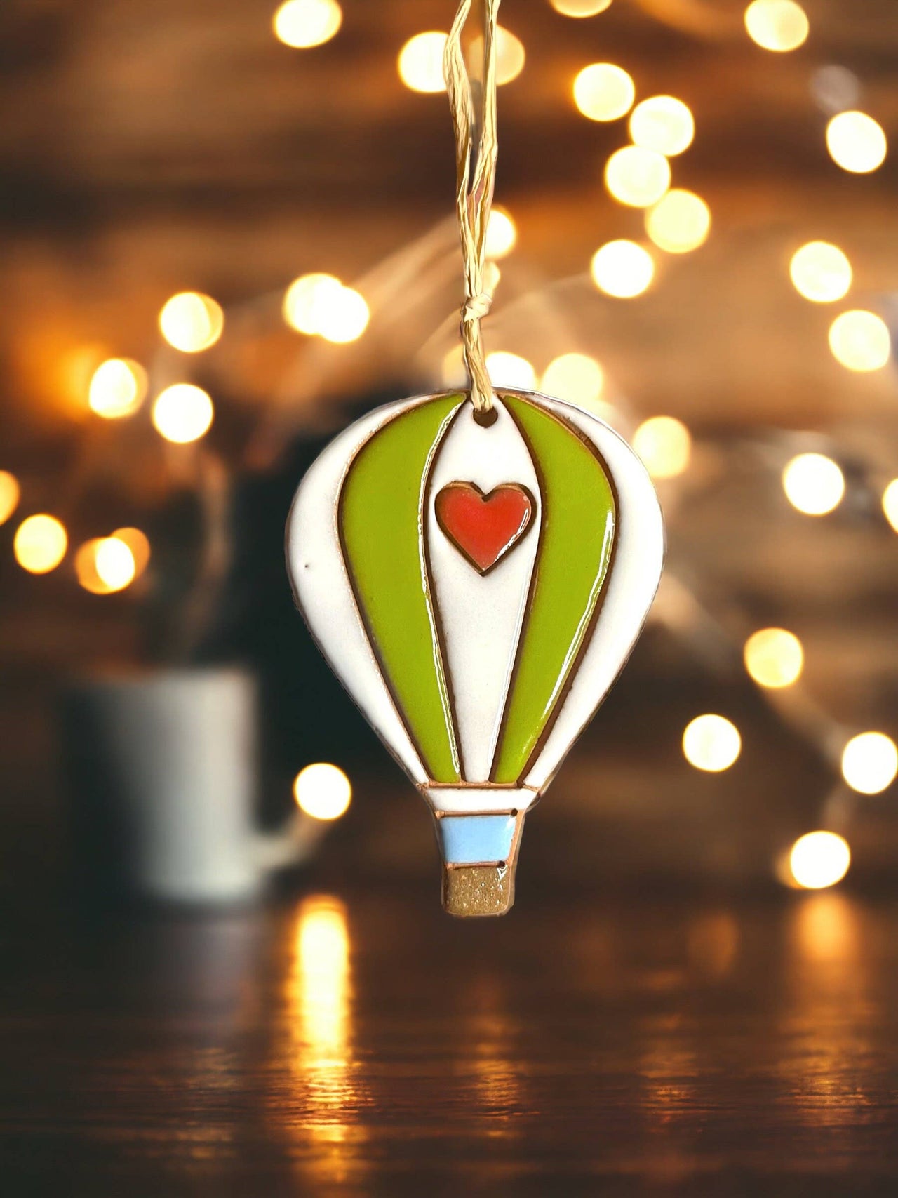 Hearts & Stripes Hot Air Balloon Artisanally Crafted Ornament: Green