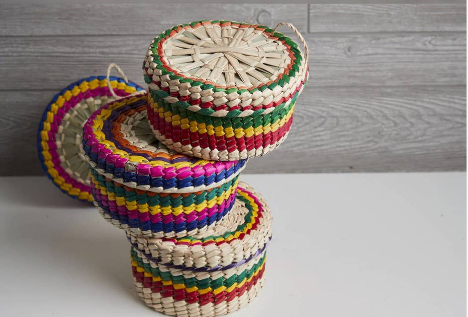 Mexican Woven Palm Tortilla Basket: Multi-Colored