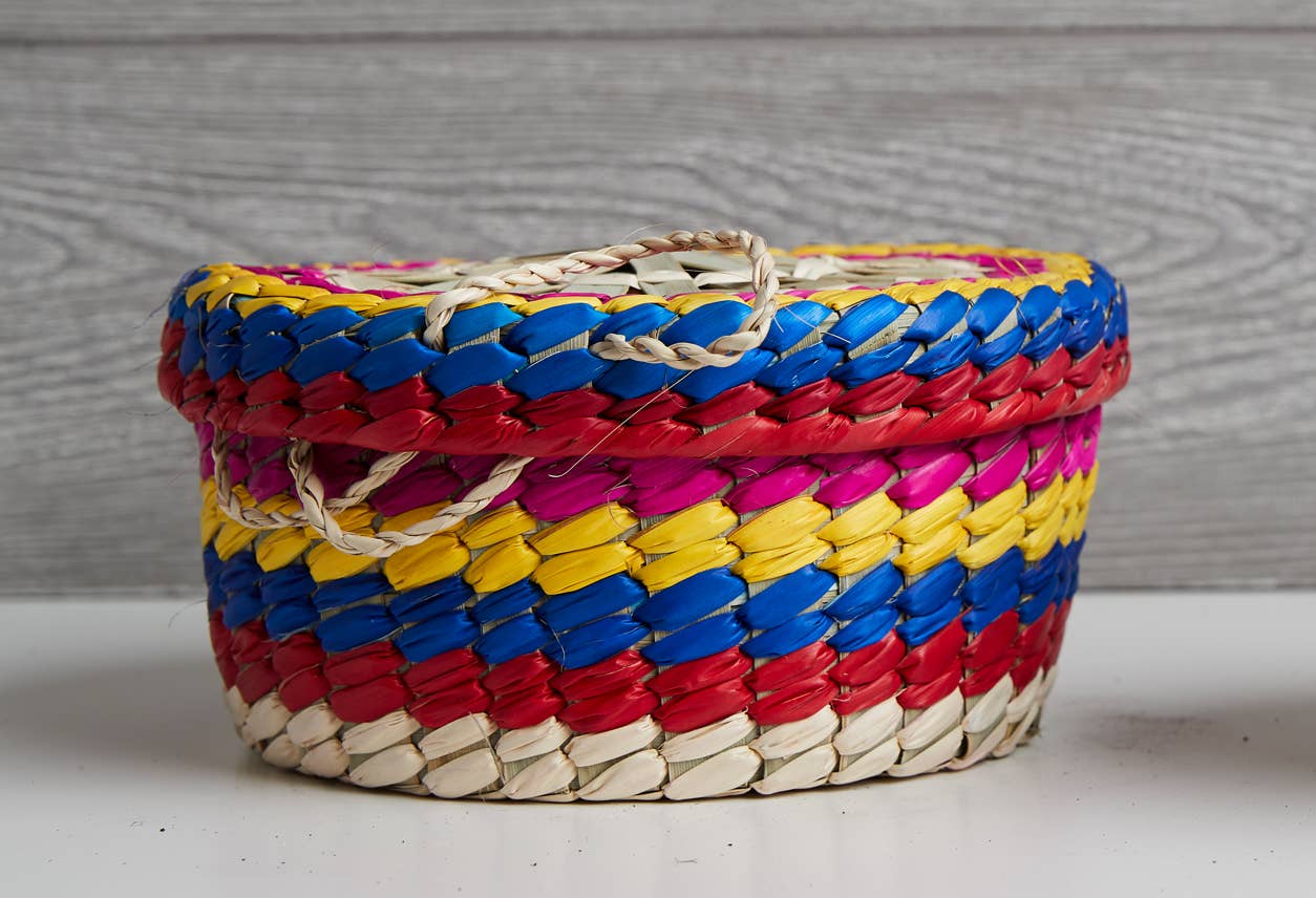 Mexican Woven Palm Tortilla Basket: Multi-Colored