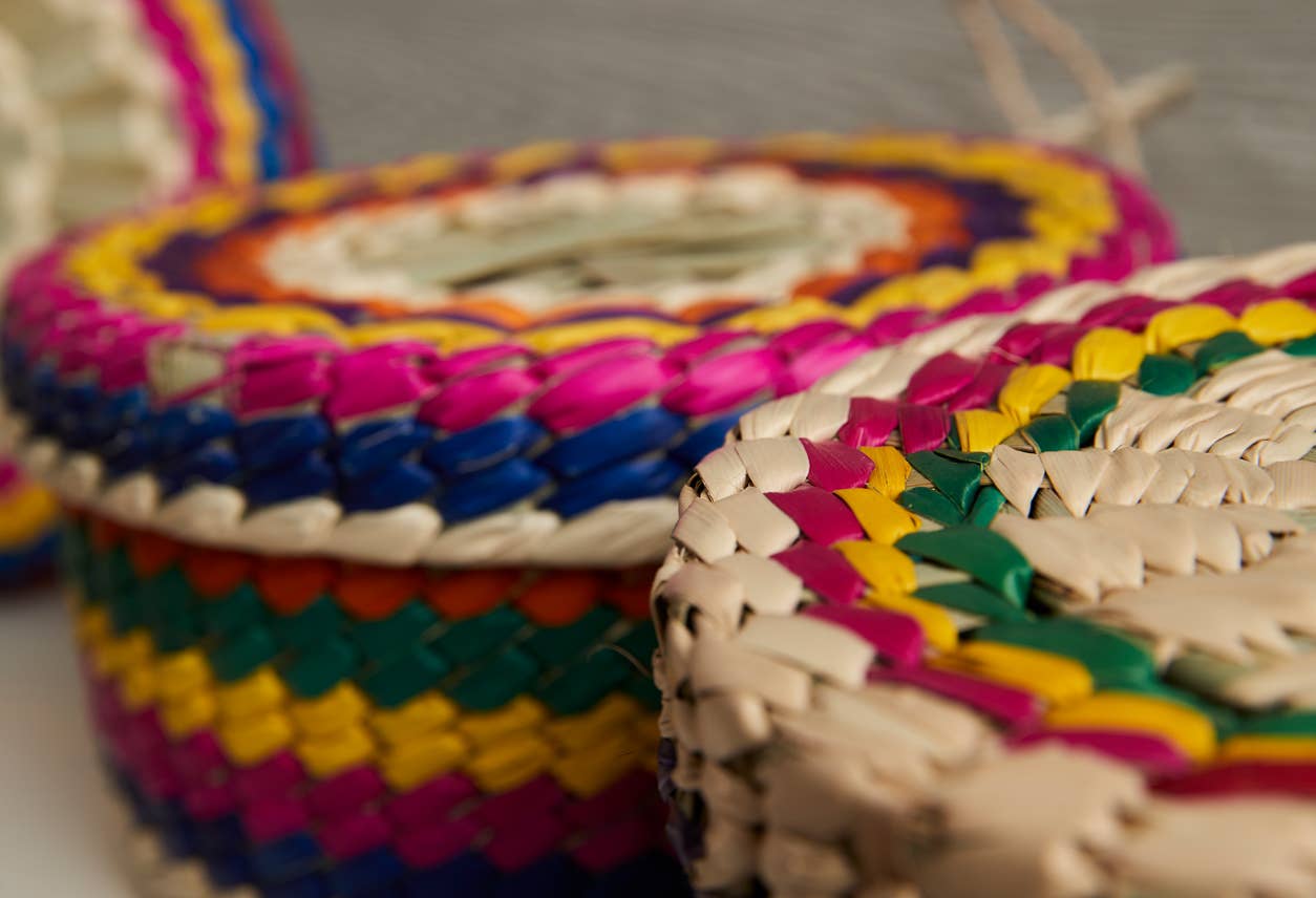 Mexican Woven Palm Tortilla Basket: Multi-Colored