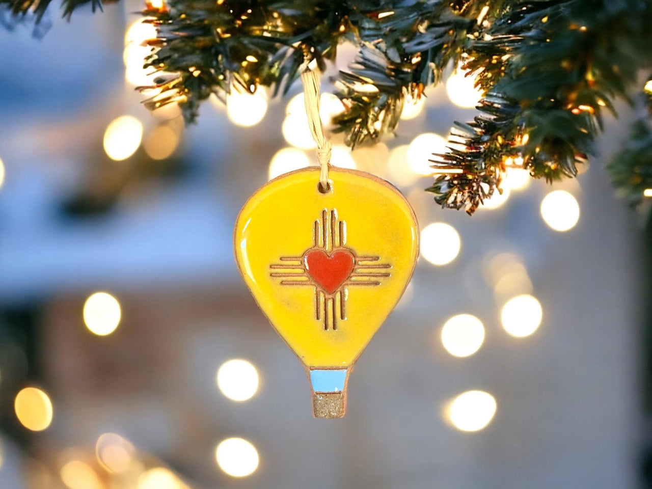 Heart With New Mexico Sun Symbol Hot Air Balloon Artisanally Crafted Ornament