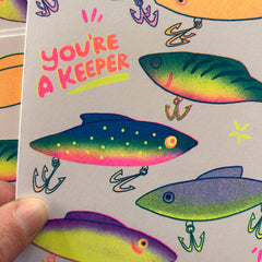 You're a Keeper (Fishing Lures) - Risograph Greeting Card 