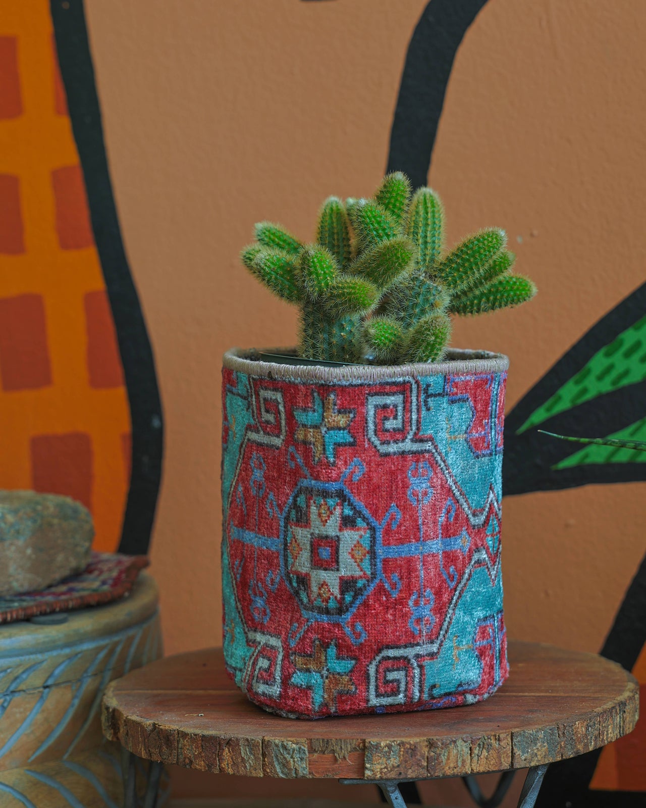 Vintage Rug Pattern Storage and Plant Basket