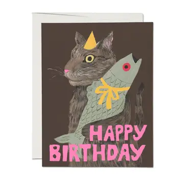 Red Cap Cards - Greeting Cards - Cat and Fish Happy Birthday