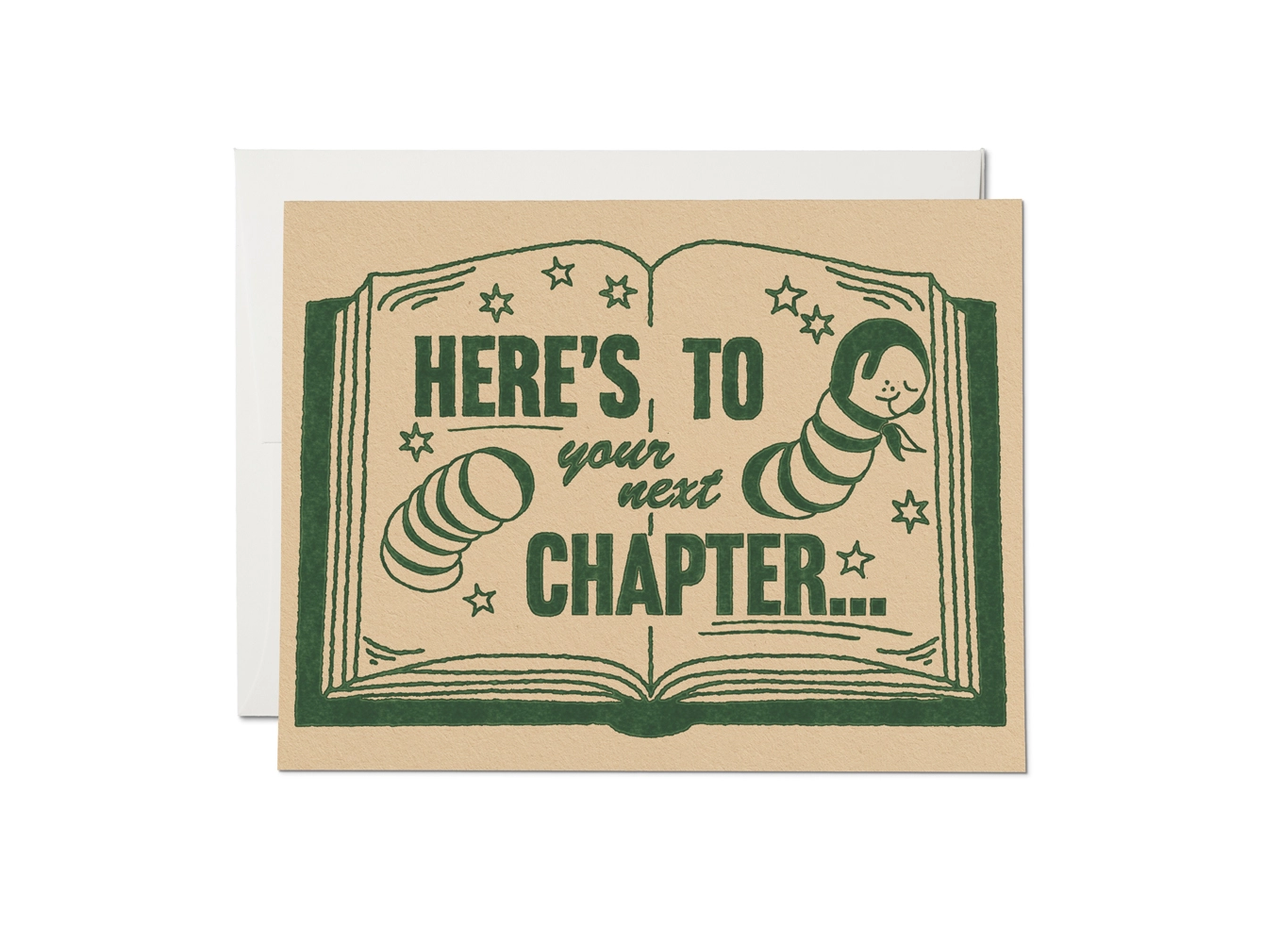 Red Cap Cards - Greeting Cards - "Here's to Your Next Chapter" Worm Book Congratulations